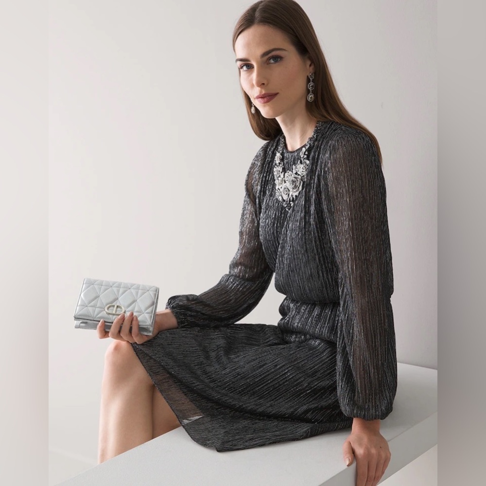 White House Black Market Long Sleeve Shimmer Blouson Dress